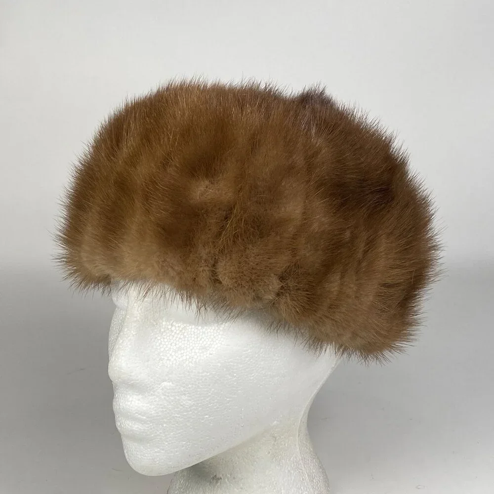 Vintage Brown Mink Fur Hat Satin Lining Winter Union Label Made in USA Mobwife